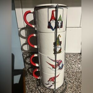 Adorable Gnome Coffee Tea Cup Mug Set  of 4 and  Holder